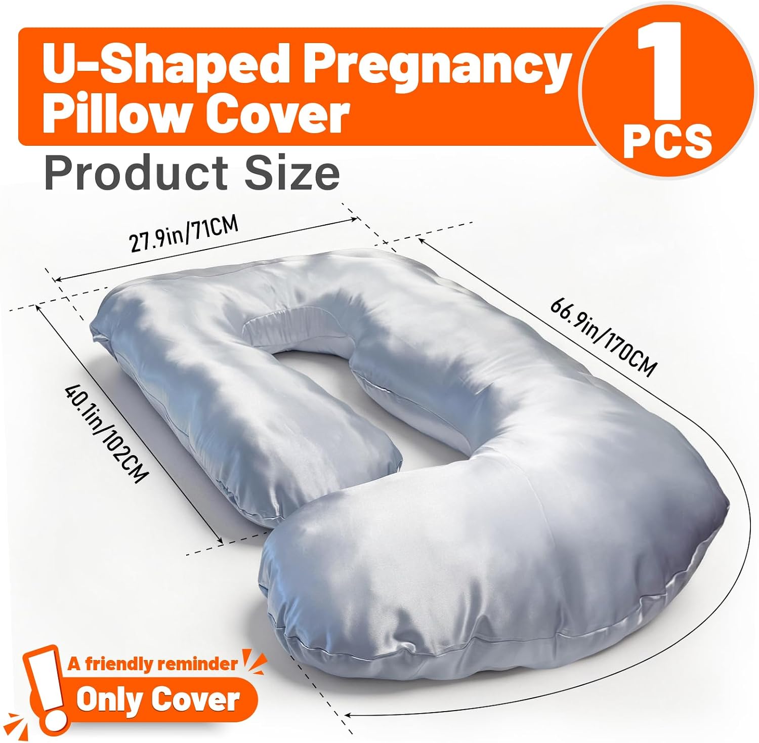 JZHLLA Maternity Pillow Cover, Silky Satin Fabric Removable & Washable U-Shaped Smooth Pregnancy Pillow Cover with Hidden Zip(Grey,1 PCS)