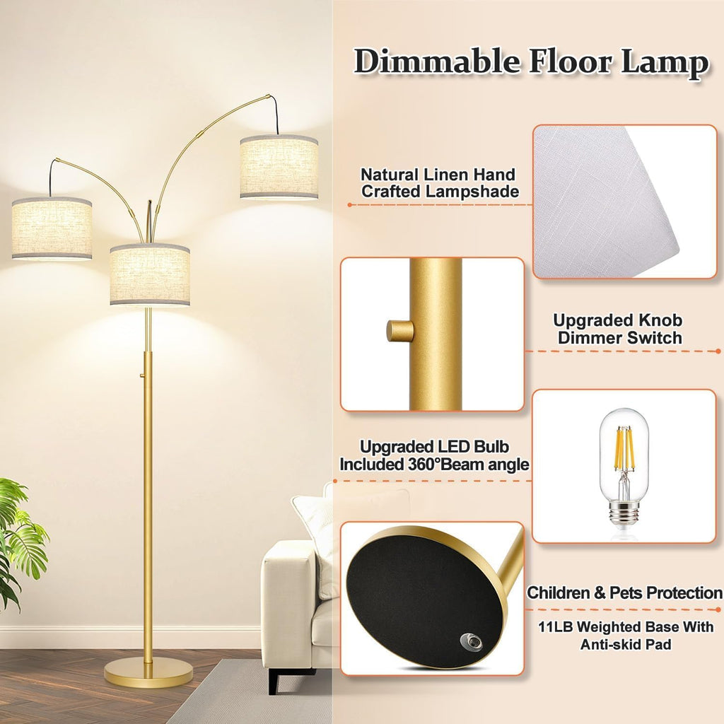 Dimmable Gold Floor Lamp, 3 Lights Arc Floor Lamps for Living Room, Modern Tall Standing Tree Lamp with White Shade & Heavy Base, Large…