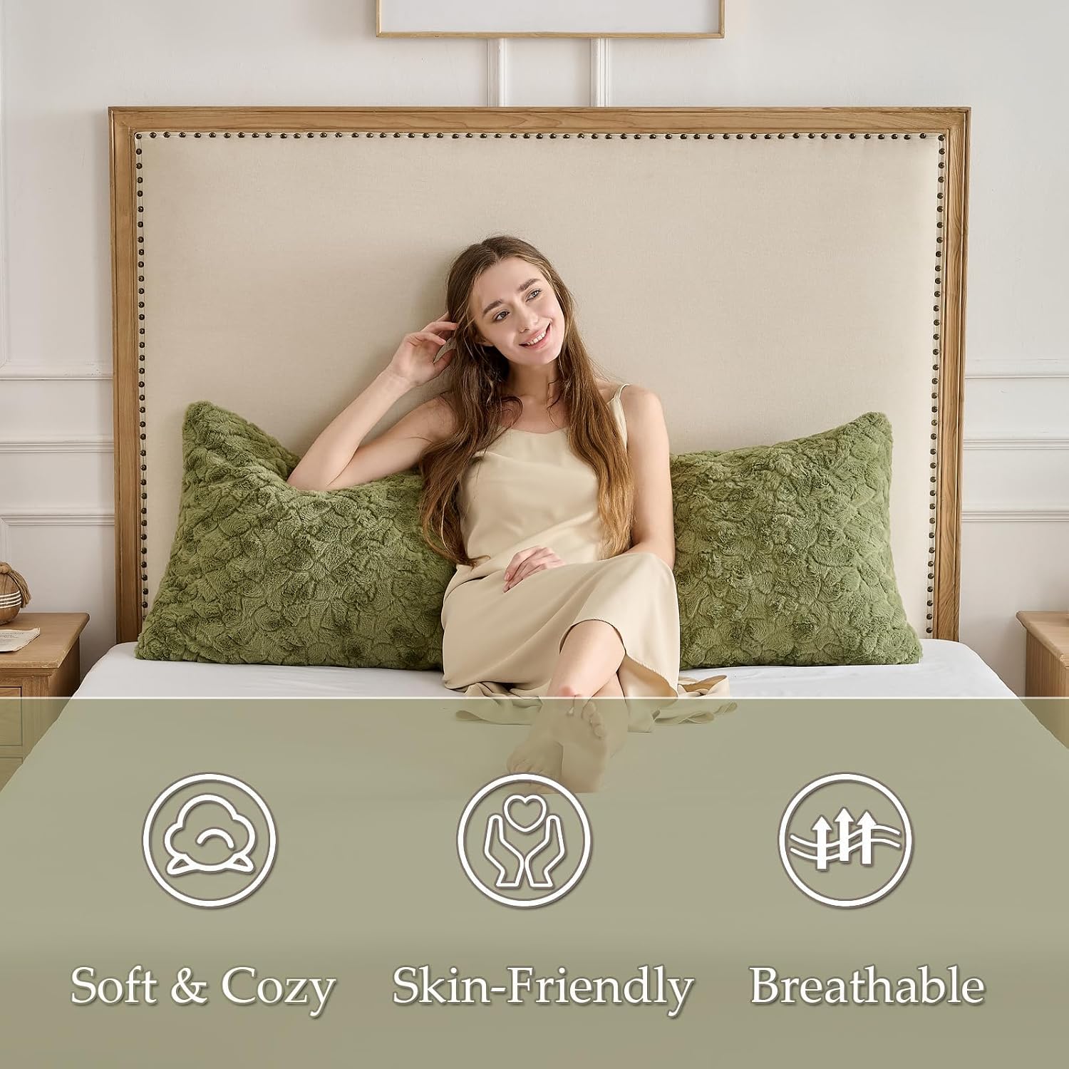 HKMR Fluffy Faux Rabbit Fur Body Pillow, Memory Foam Pregnancy Pillow for Side Sleep Body Pillow,20x54 Long Pillow for Adults-Sage Gr…