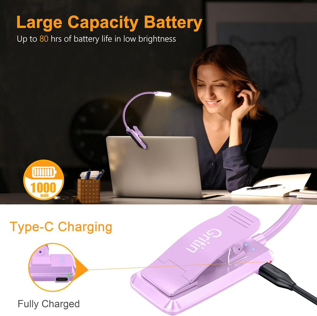 Gritin 9 LED Rechargeable Book Light for Reading in Bed - Eye Caring 3 Color Temperatures, Stepless Dimming Brightness,80 Hrs Runtime…