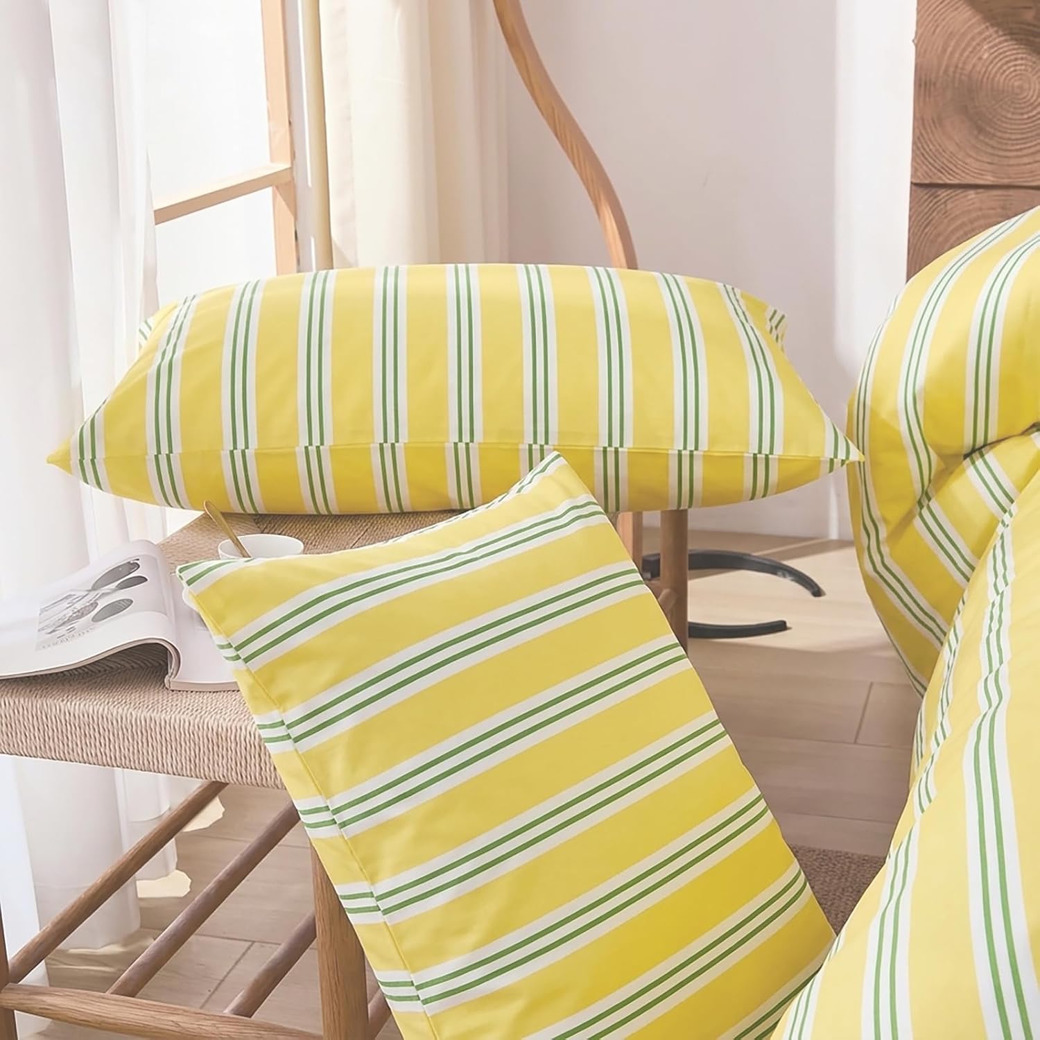 Merryword Standard Size Pillowcases, 100% Cotton Pillow Cases, Yellow and Green Striped Pillowcases, Soft Breathable Ribbon Stripe Pillow C…
