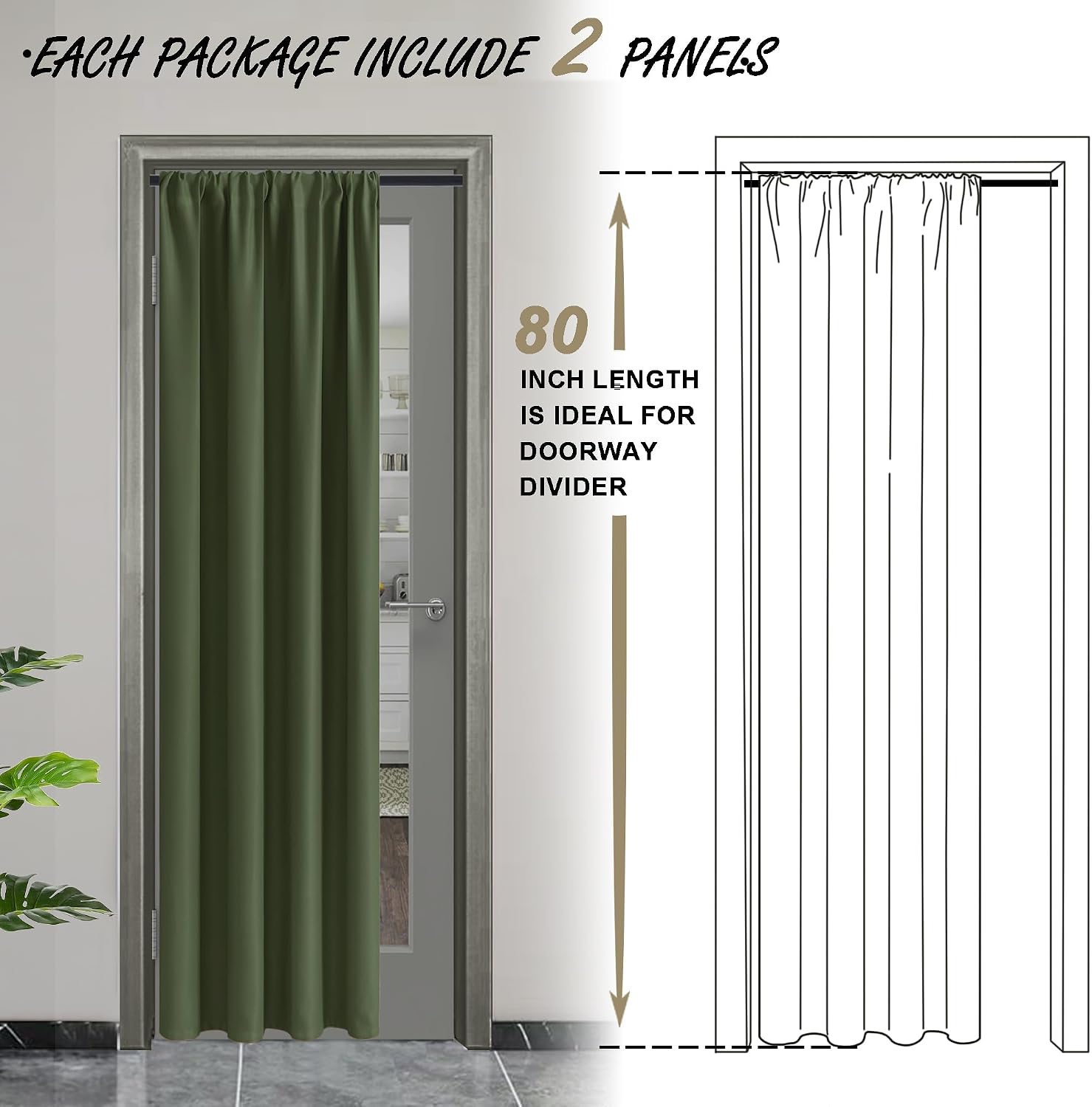 Jiuzhen Blackout Doorway Curtains 80 inch Length - 2 Panels Thermal Insulated Privacy Soundproof Rod Pocket Closet Door Curtains Room Divid…