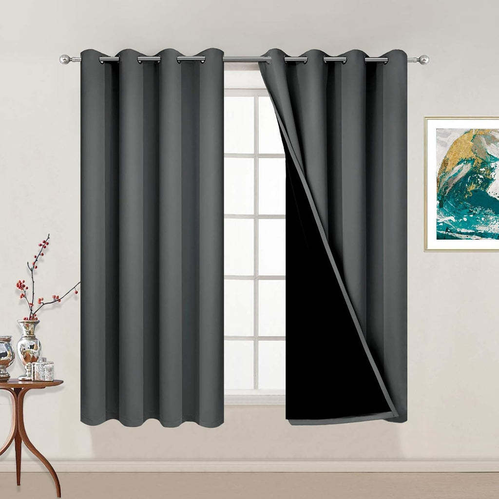 Yakamok Dark Grey 100% Blackout Curtains 54 Inch Length, Heat and Full Light Blocking Drapes for Bedroom, Thermal Insulated Total Blackout…