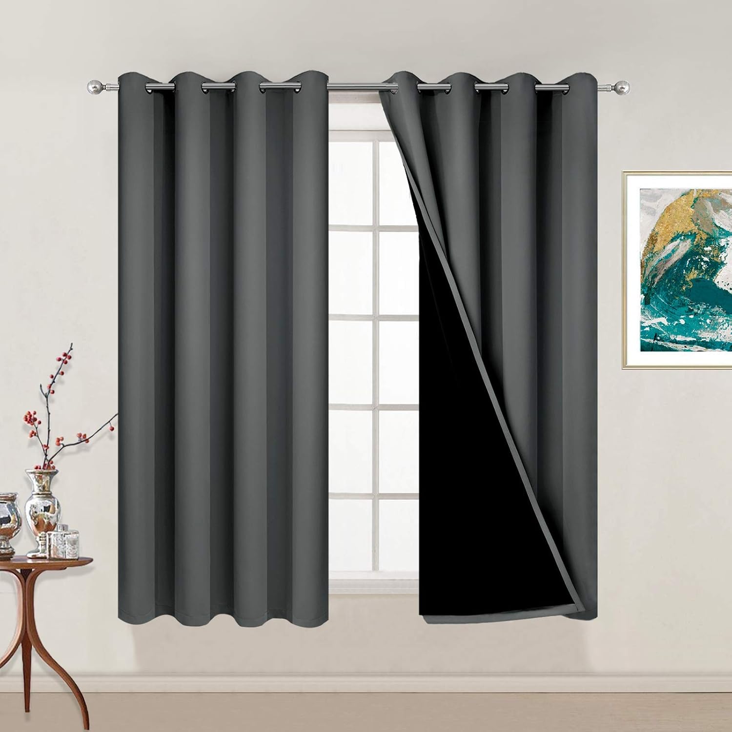 Yakamok Dark Grey 100% Blackout Curtains 54 Inch Length, Heat and Full Light Blocking Drapes for Bedroom, Thermal Insulated Total Blackout…