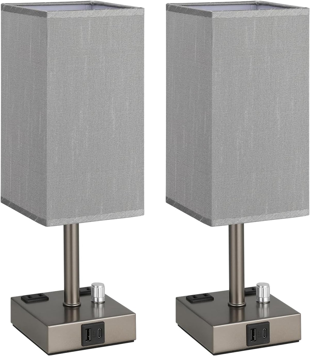 aooshine Grey Fully Dimmable Nightstand Lamps Set of 2 - Table Bedside Lamp with USB C+A Charging Ports & 2 AC Outlets, Square Lamp Sets…
