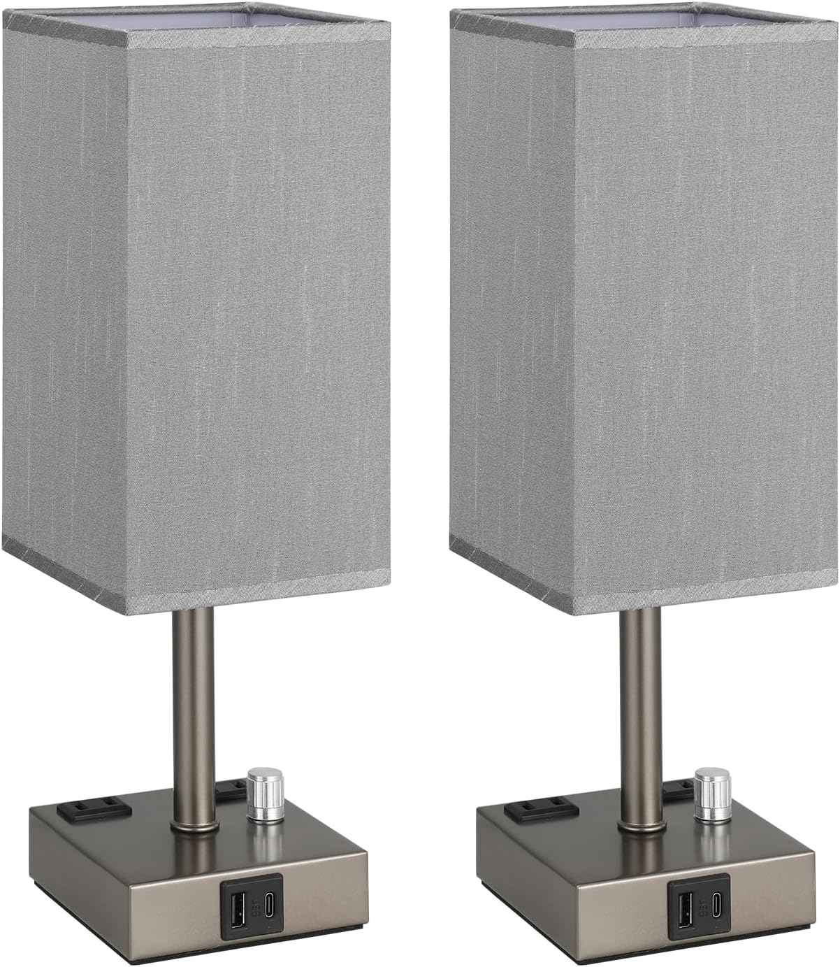 aooshine Grey Fully Dimmable Nightstand Lamps Set of 2 - Table Bedside Lamp with USB C+A Charging Ports & 2 AC Outlets, Square Lamp Sets…