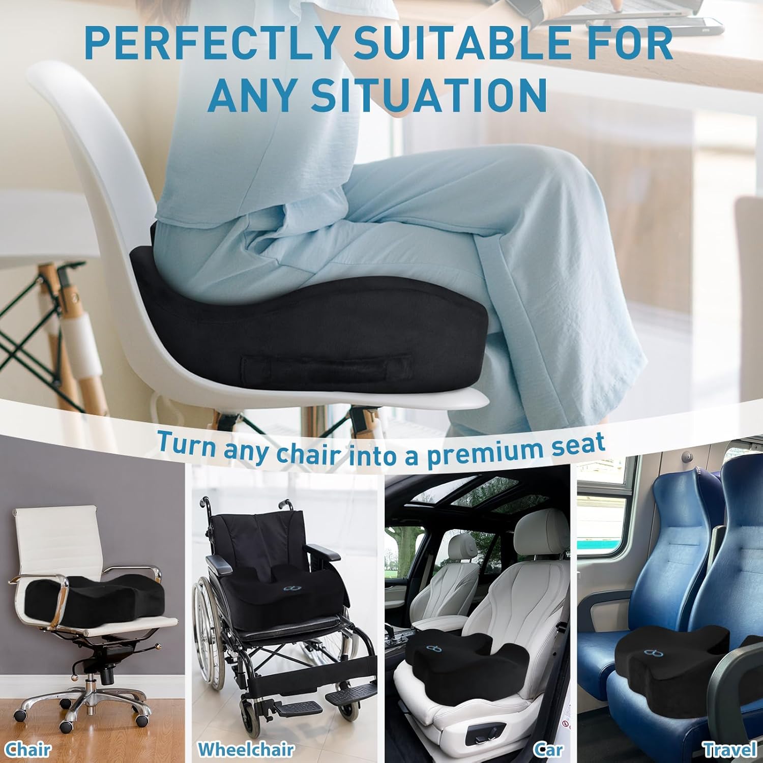 BlissTrends Seat Cushion,5.2in Thick Memory Foam Cushions for Office Chair, Car Seat, Airplane, Relieving Pressure Tailbone Sciatica Back P…
