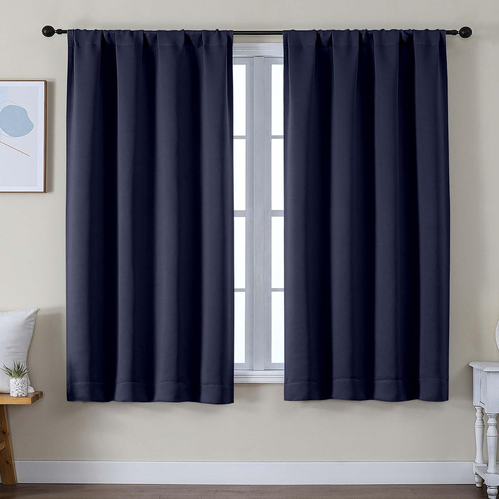 Simplebrand Ava Navy Blue Blackout Curtains for Bedroom 63 Inch Length 2 Panels Set, Solid Thermal Insulated Privacy Living Room Window Tre…