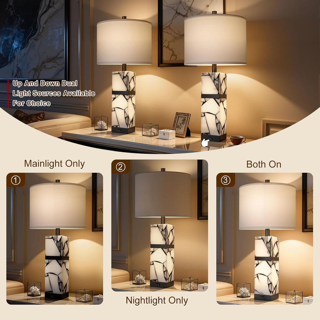 Scenekoy 27" Alabaster Table Lamps Set of 2 with Night Light for Living Room Bedroom, Nightstand Lamps with Linen Shade, Modern Bedroom…