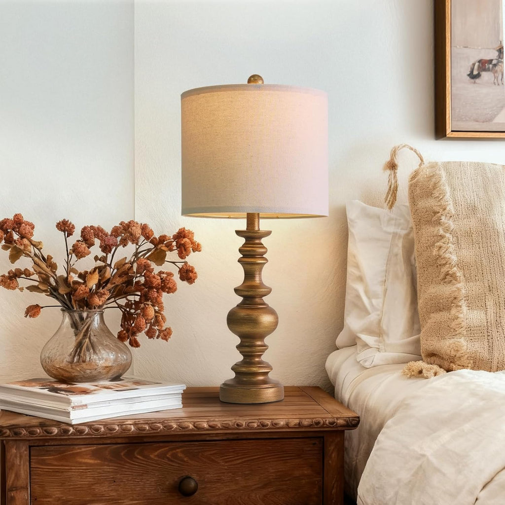 BOBOMOMO 24" Traditional Lamps Set of 2 – Antique Gold Bedside Lamps with Linen Shades, Elegant Medium Farmhouse Lamps for Living Room…