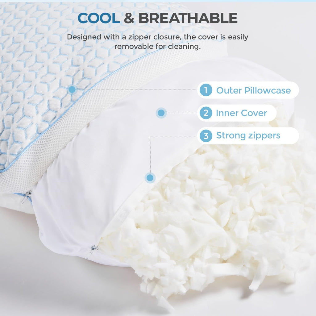 Sweetnight Cooling Pillows Queen Size Set of 2, Shredded Memory Foam Pillows 2 Pack for Hot Sleepers, Cold Bed Pillows for Sleeping…