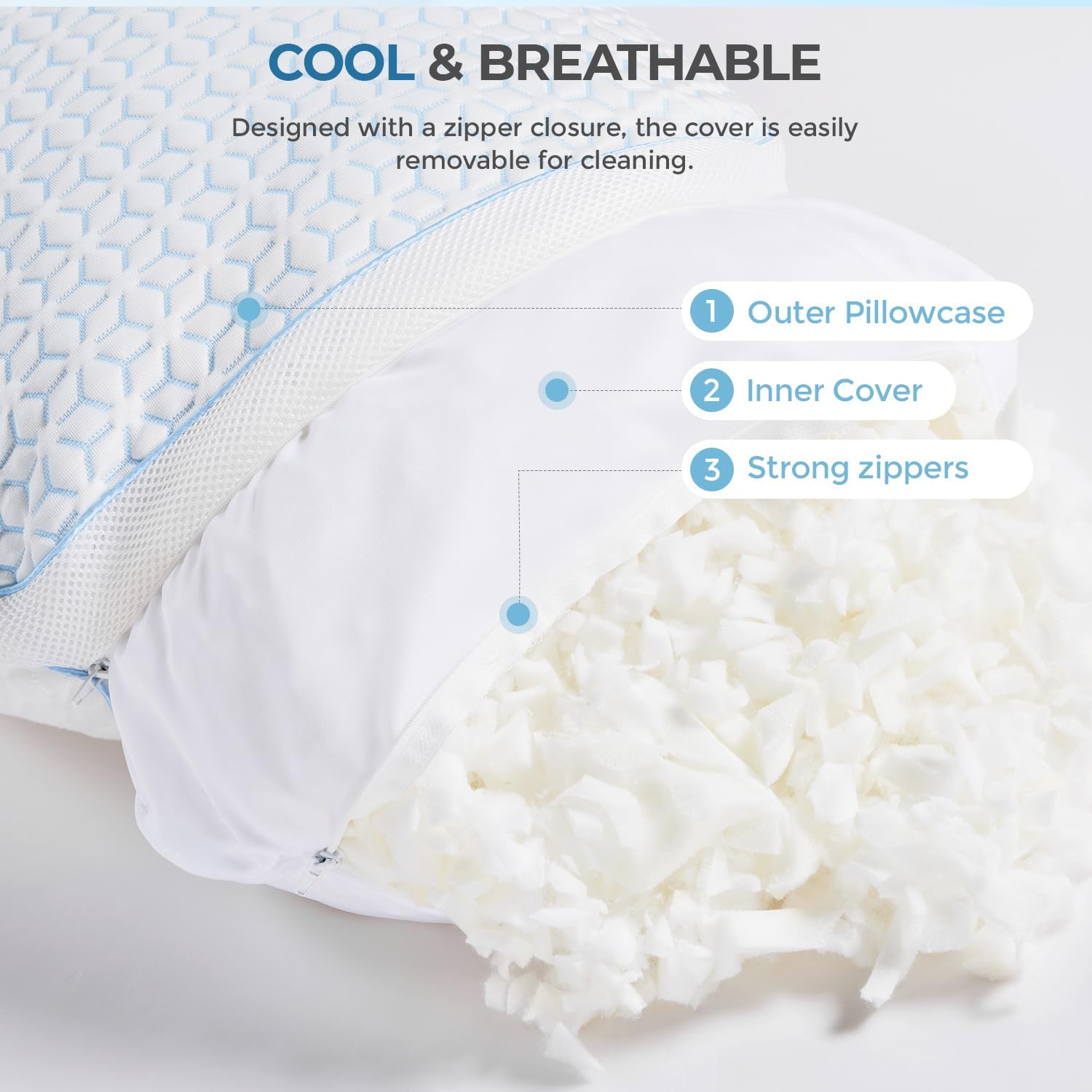 Sweetnight Cooling Pillows Queen Size Set of 2, Shredded Memory Foam Pillows 2 Pack for Hot Sleepers, Cold Bed Pillows for Sleeping…