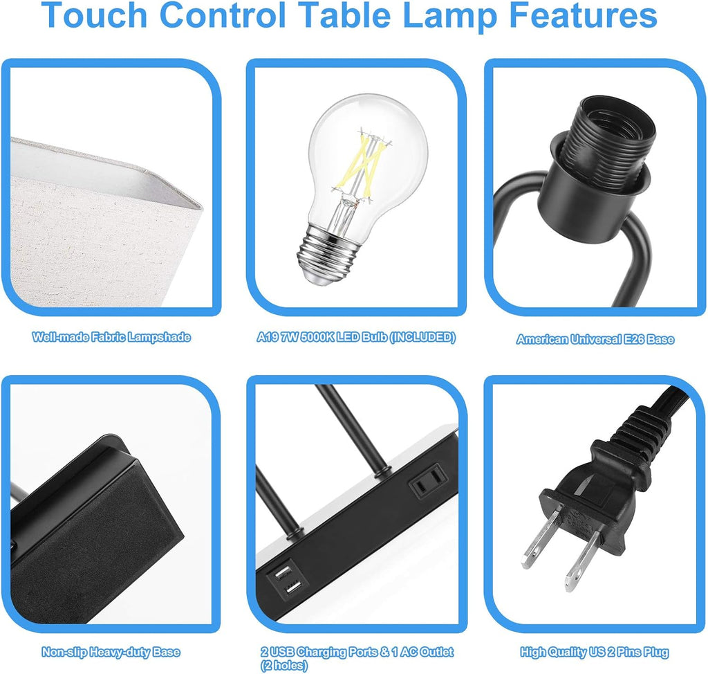Bedside Touch Control Table Lamp with Dual USB Charging Ports 1 AC Outlet, 3 Way Dimmable Modern Nightstand Lamp with Cream Fabric Shade…