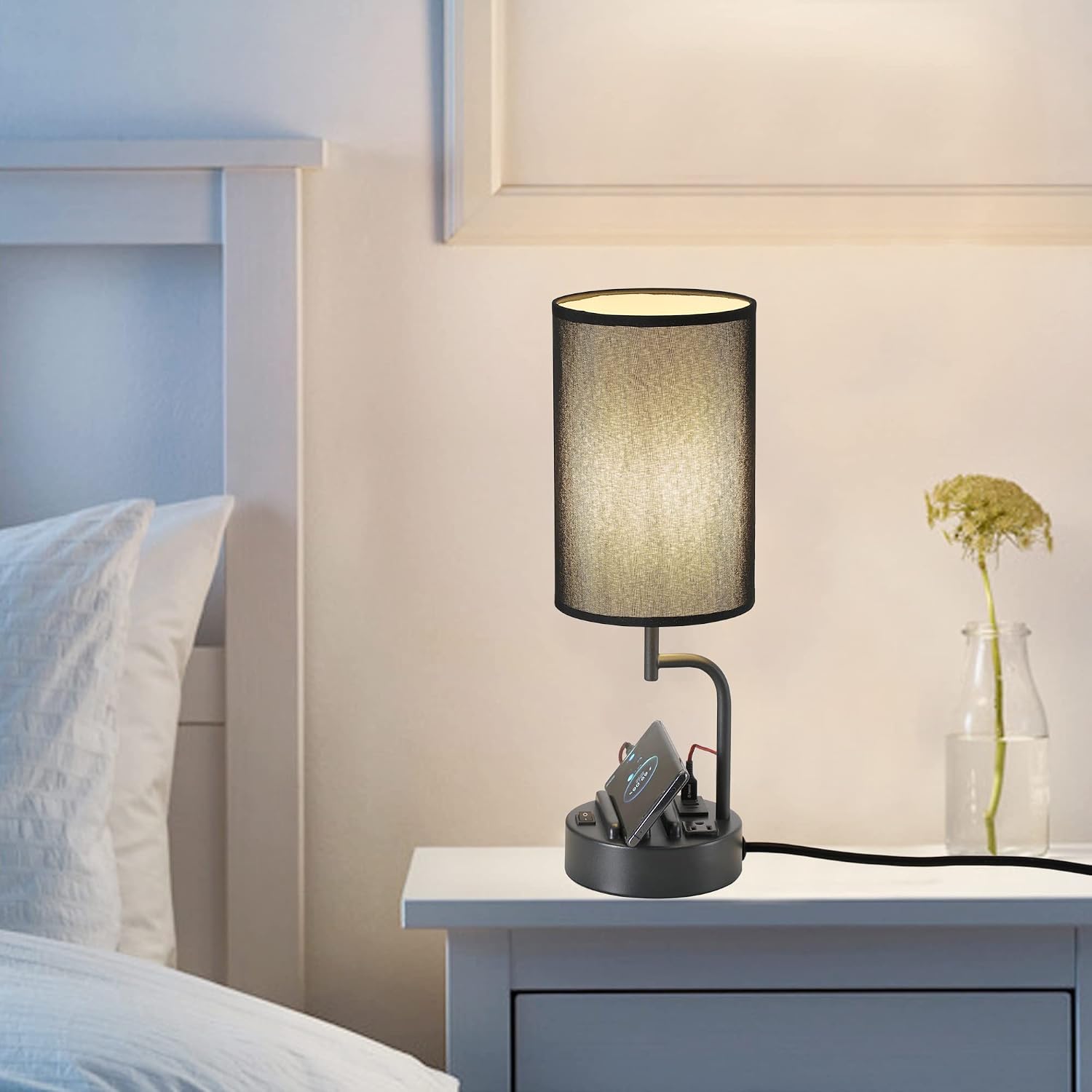 Dreamholder Table Lamp with 3 USB Charging Ports, Modern Desk Lamp with AC Outlet and Phone Stands, Perfect Bedside Lamp for Bedroom…