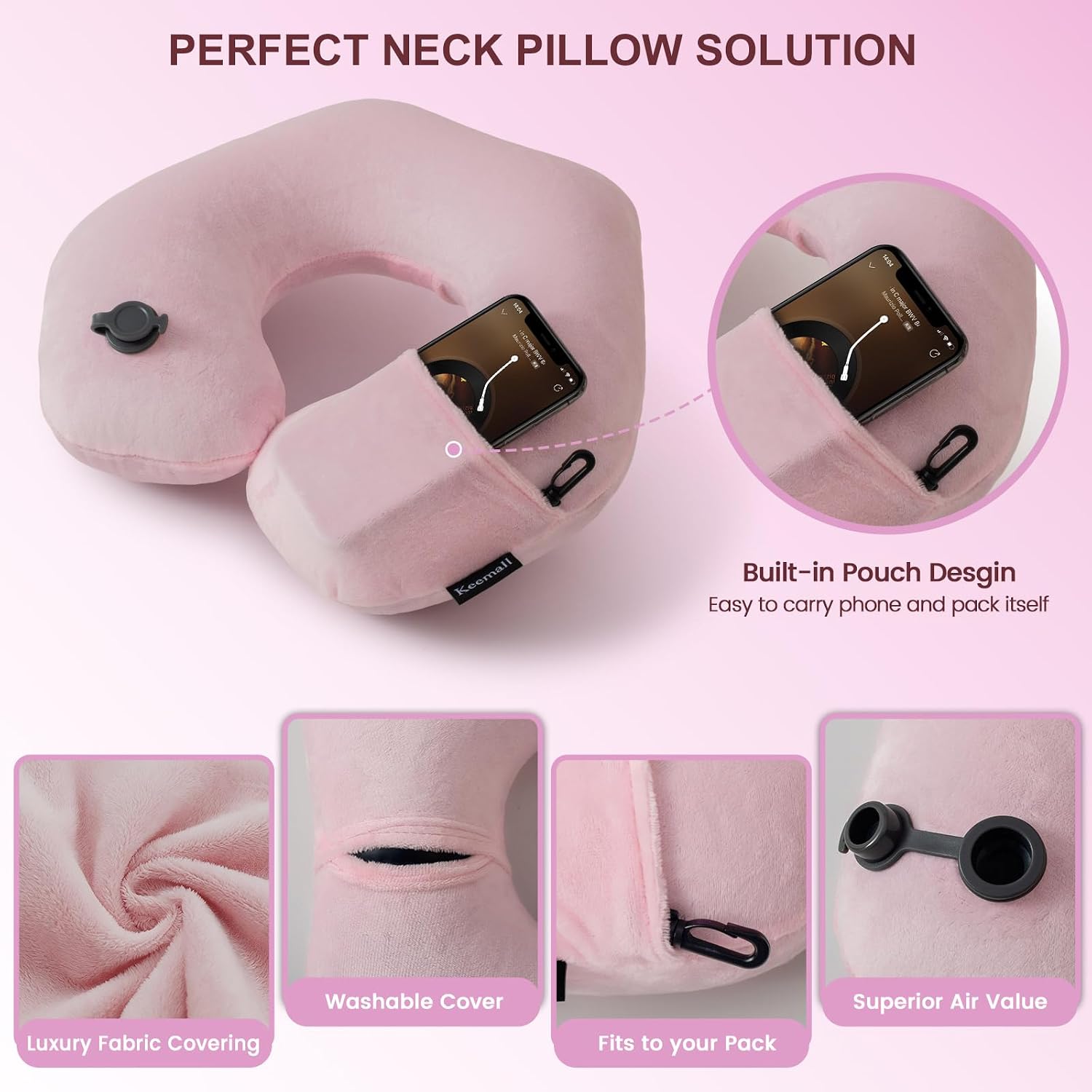 Keemall Inflatable Neck Pillow, Premium Pink U-Shaped Travel Pillow with Soft Washable Cover, Compact Portable Airplane Travel Essentials…