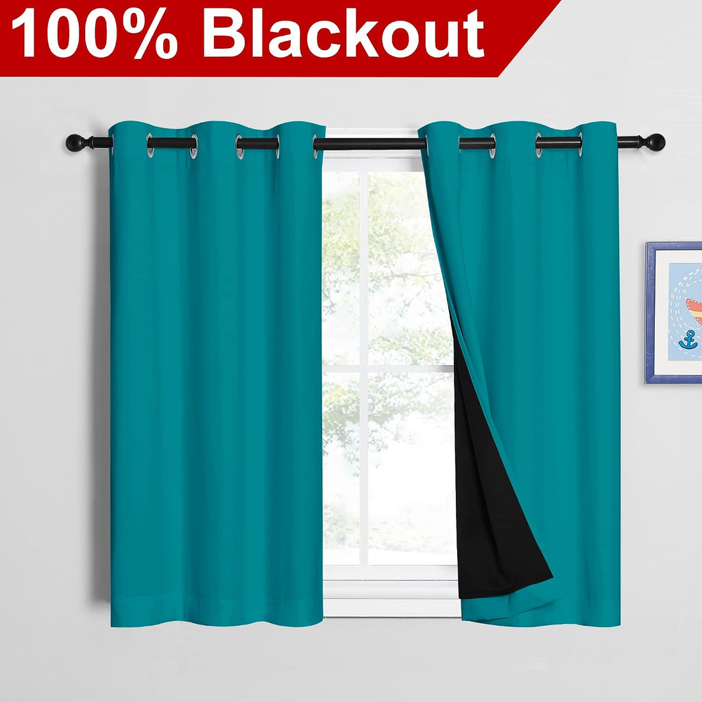 Nicetown Peacock Teal 100% Blackout Curtains 45 inches Long, 2 Thick Layers Completely Blackout Window Treatment Thermal Insulated Lined Dr…