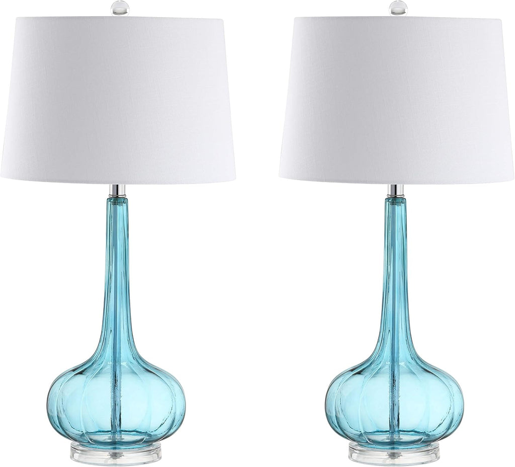 JONATHAN Y 28.5" Aqua Glass Teardrop LED Table Lamp Set of 2 for Living Room Bedroom Nightstand, White Linen Shade Modern Transitional…