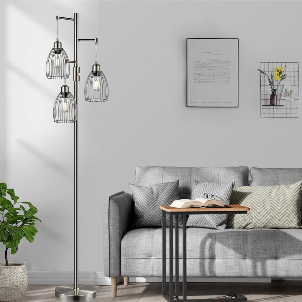 Nintiue Dimmable Floor Lamp, 3 x 800LM LED Edison Bulbs Included, Industrial Floor Lamp Standing Tree Lamp with Elegant Teardrop Cage…