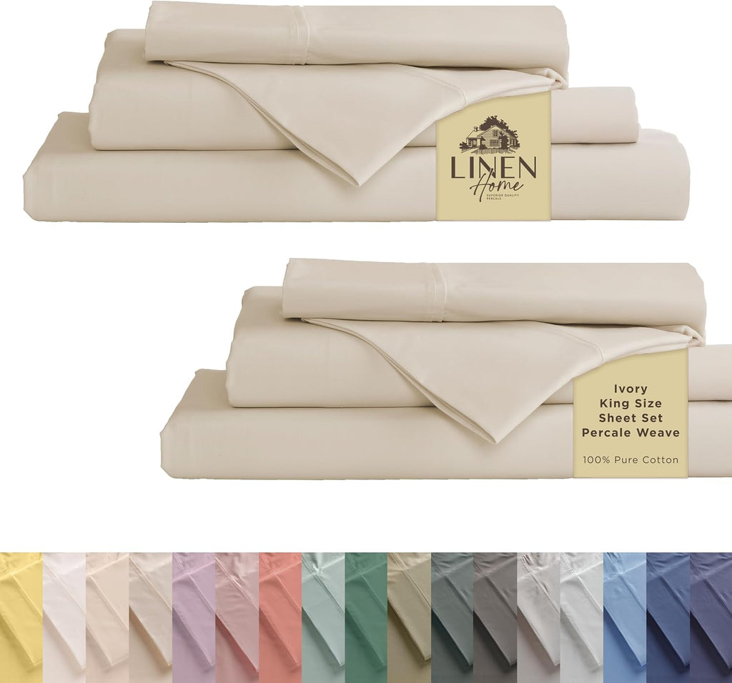 Linenhome Linen Home 2-Pack King Sheet Set, 100% Cotton Percale Bedding, 8-Piece Value Bundle, Deep Pocket Cooling Bed Sheets for Hot Sleep…