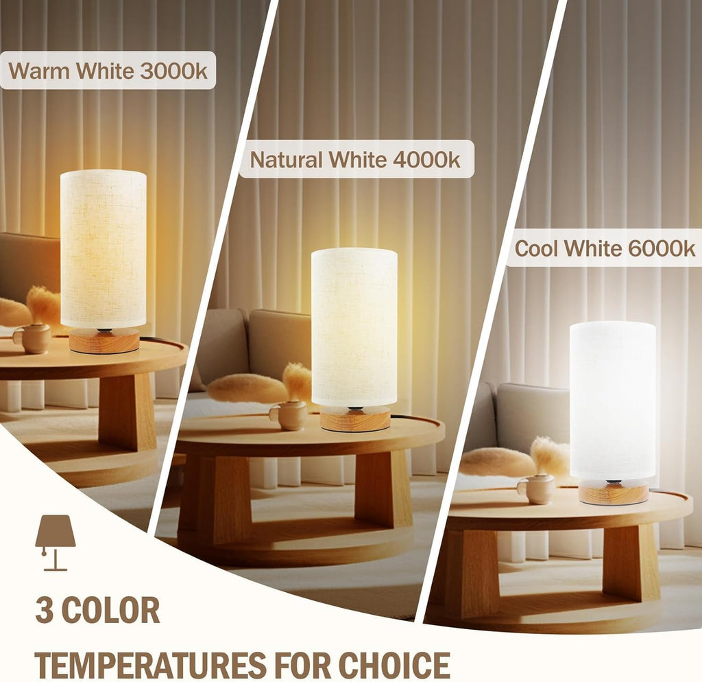 Uchenton 3-Color Adjustable Bedside Table Lamp for Bedroom Set of 2, Minimalist Wood Base&Round Fabric Shade, Cozy Lighting Nightstand Boho L…