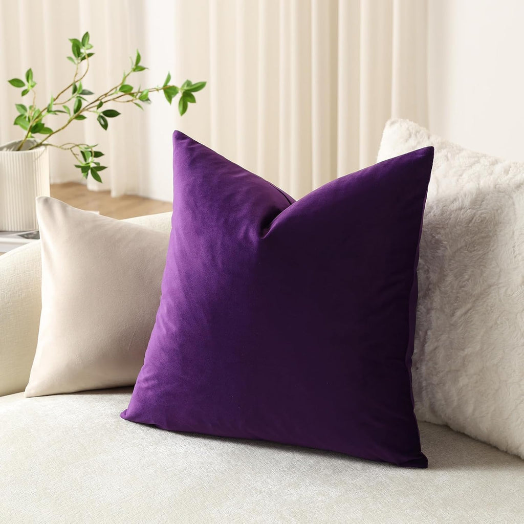 Dezene Euro Sham Covers 24x24 Purple: Pack of 2 Cozy Soft Velvet Square Modern Luxury Decorative Throw Pillow Cases for Sofa Couch Living R…