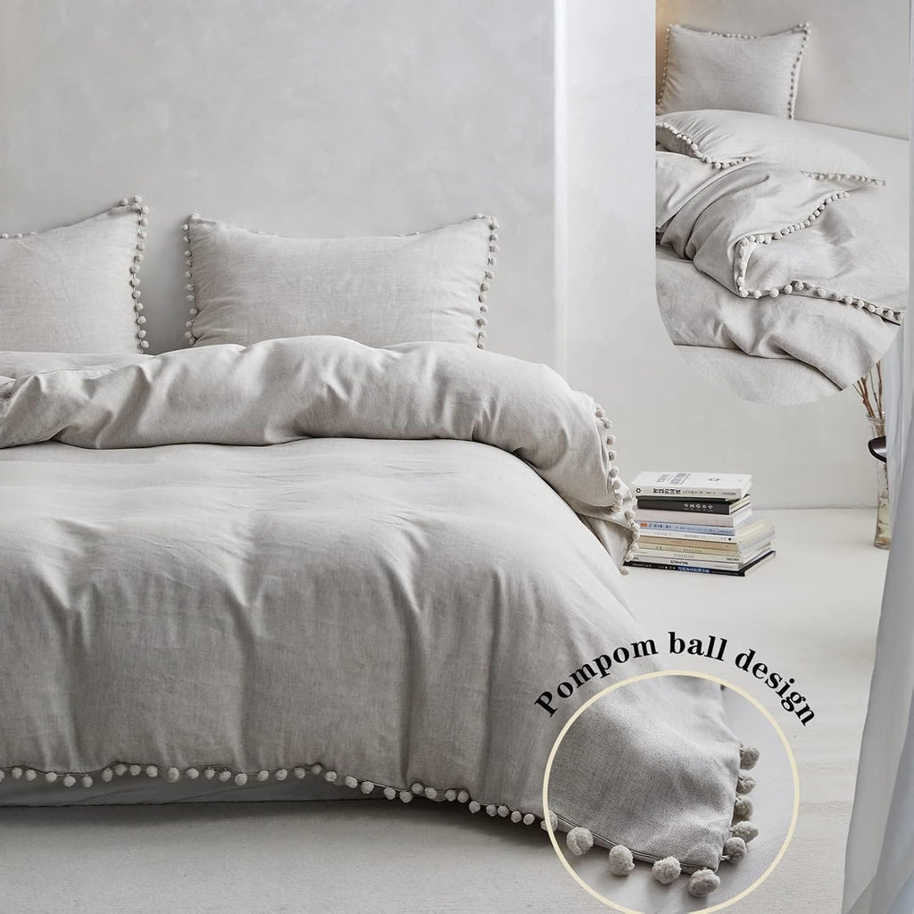 Simple&Opulence French Linen Blended Duvet Cover King, Flax Viscose Derived from Bamboo Bedding Set with Pom Pom Trim Soft Cooling for…