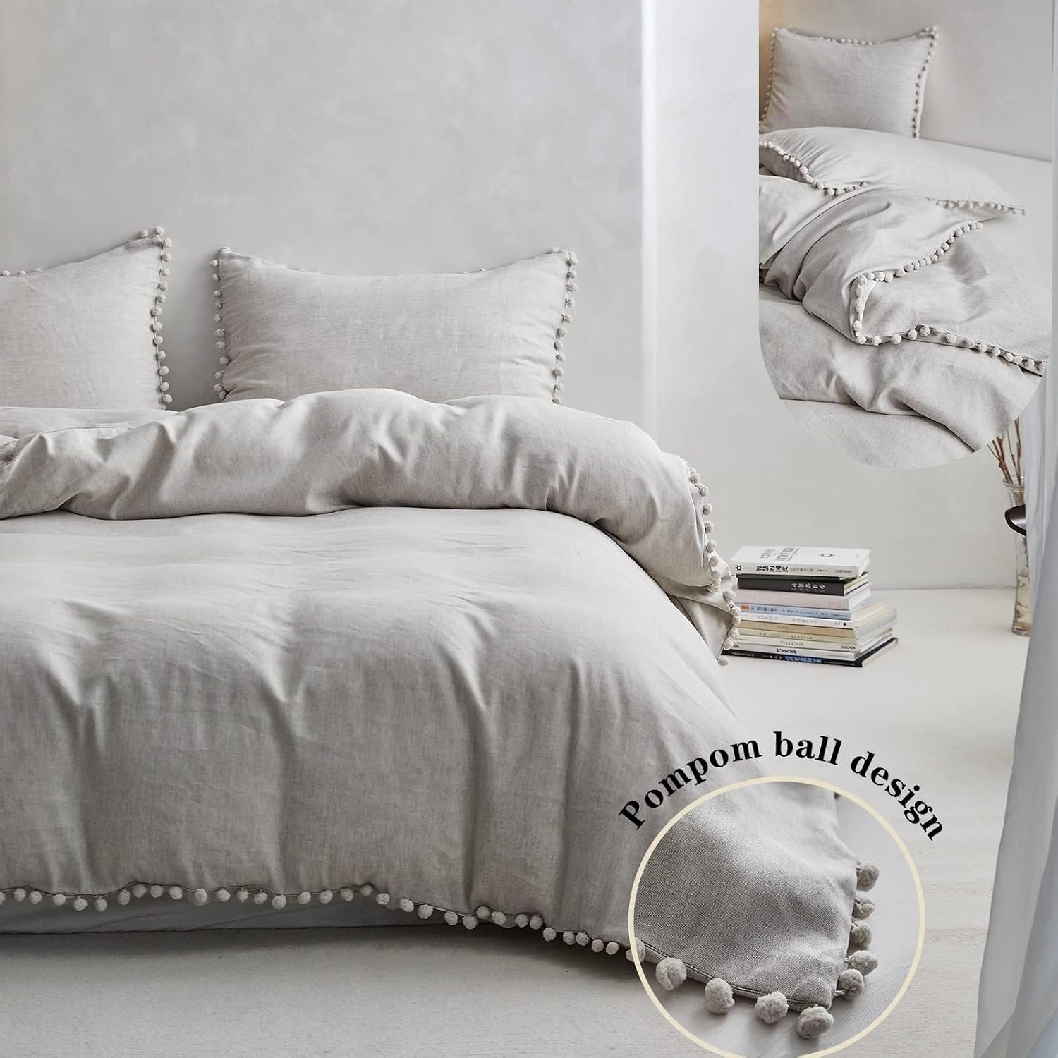 Simple&Opulence French Linen Blended Duvet Cover Queen, Flax Viscose Derived from Bamboo Bedding Set with Pom Pom Trim Soft Cooling for…