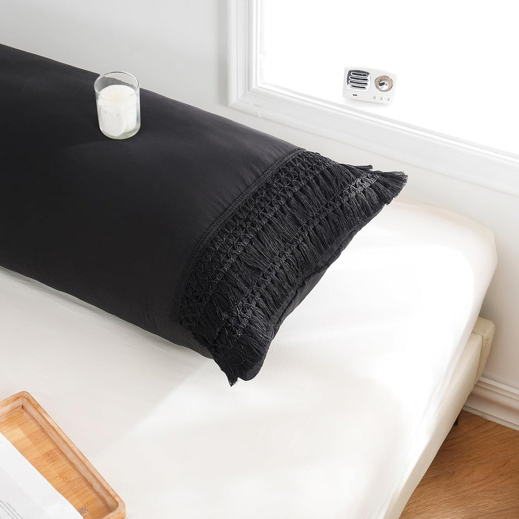 Moveover MOVE OVER Black Body Pillow Cover 20x54 Macrame Tassel Decor Design Boho Body Pillow Case Cover with Pocket Closure Black