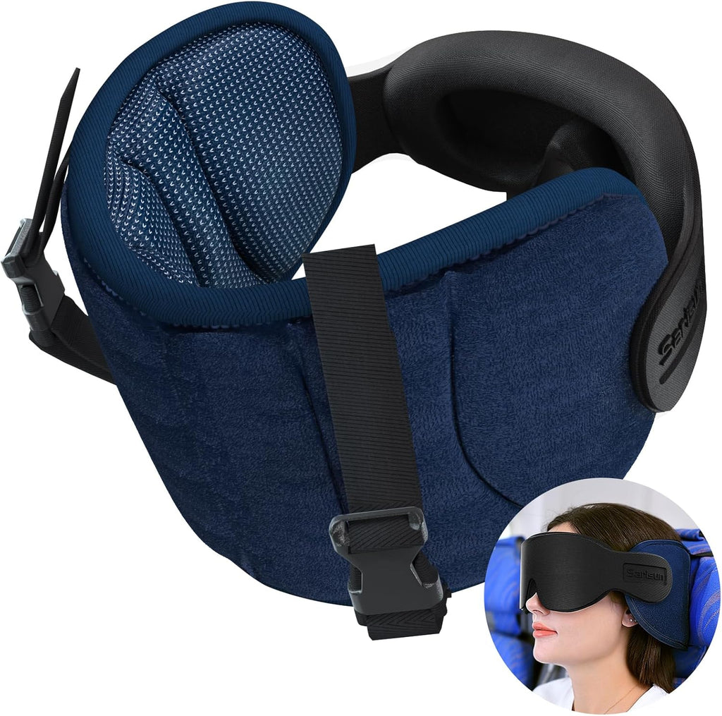 SARISUN Travel Pillows for Airplanes, Airplane Pillow for Long Flight, Airplane Head Strap with Sleep Eye Mask, 360° Support Headrest for…