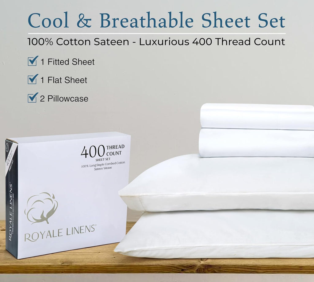 Royalelinens ROYALE LINENS 400 Thread Count 100% American Grown Cotton 4 Piece Sateen King Sheet Set - 1 Fitted Sheet, 1 Flat Sheet, 2 Pill…