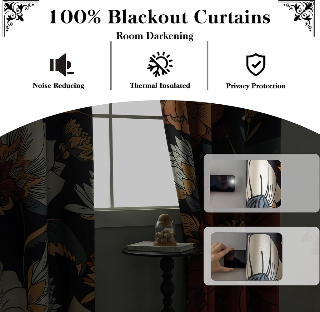 Tyrot Black Boho Floral 100% Blackout Curtains 45 Inch Long 2 Panels Mid Century Modern Botanical Grommet Thermal Insulated Room…