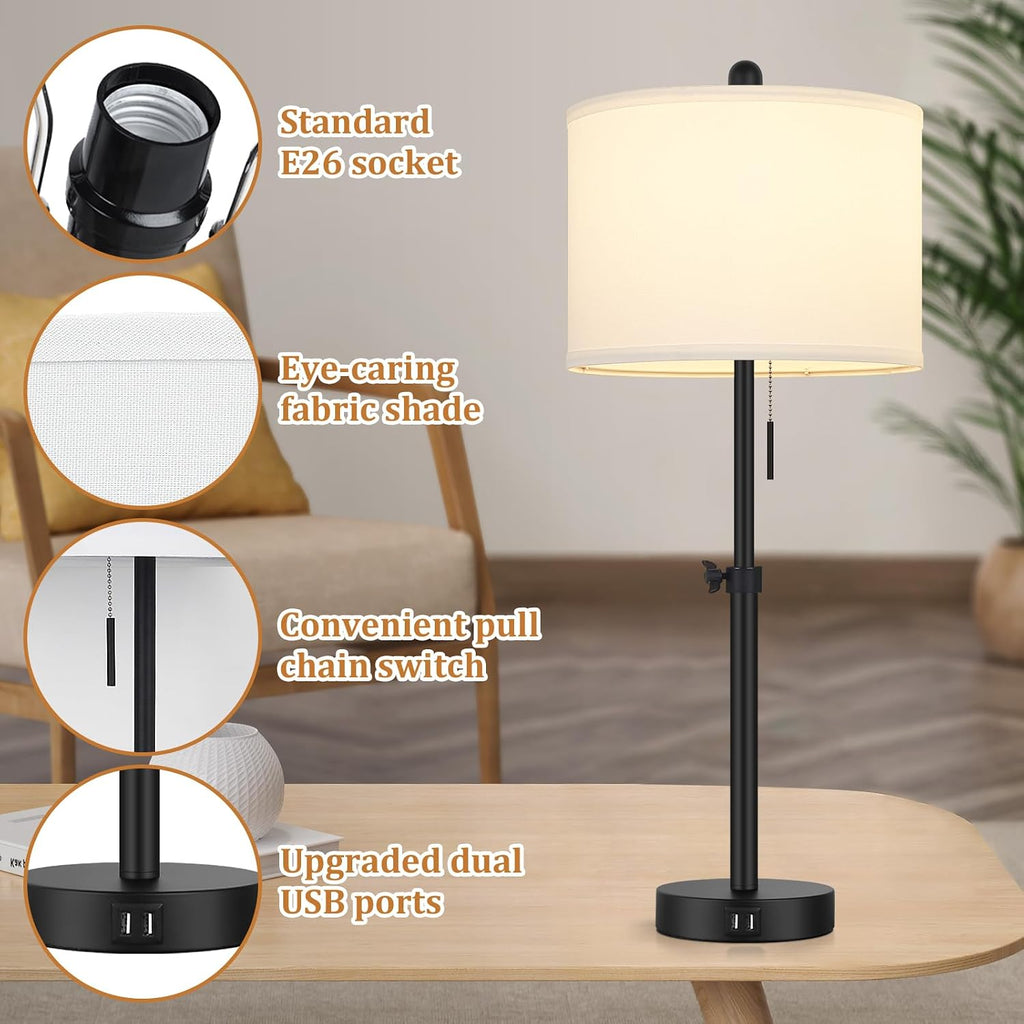 Kondras Table Lamp for Bedroom Set of 2, 23" to 30" Height Adjustable Bedside Lamp with 2 USB Ports, Black Nightstand Lamp with White…
