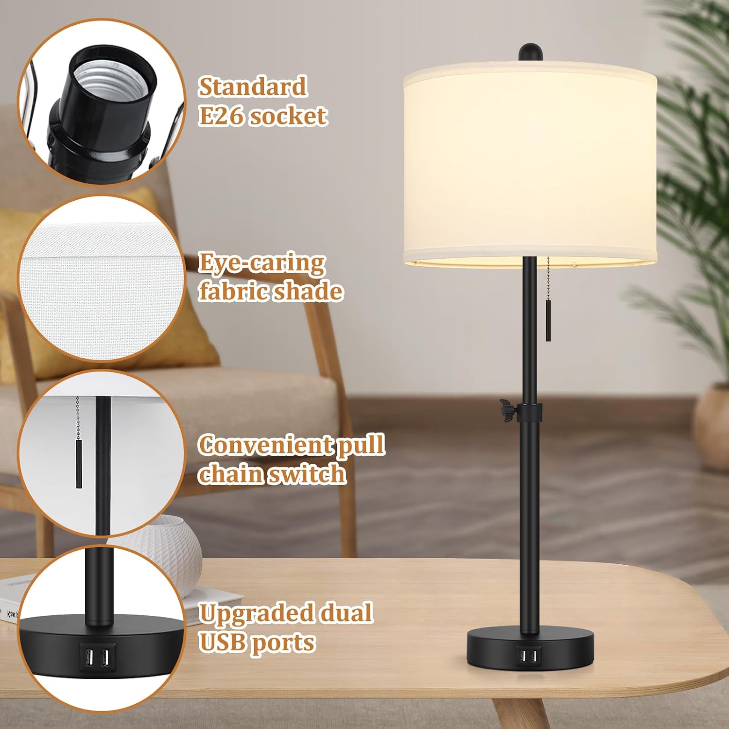 Kondras Table Lamp for Bedroom Set of 2, 23" to 30" Height Adjustable Bedside Lamp with 2 USB Ports, Black Nightstand Lamp with White…