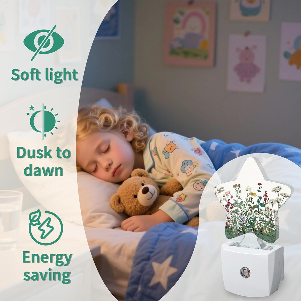 Wildflowers Star Night Light Plug in, Decorative Night Light for Kids Room Nursery Bedroom, Soft Glow Sensor Lamp for Hallway Bathroom…
