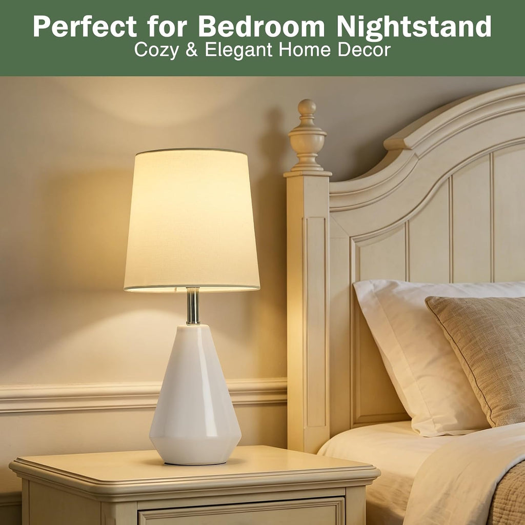 Small Bedside Table Lamp for Bedroom - Reading Desk Lamp with 3 Color Temperatures,15.5" Nightstand Ceramic Lamp with Fabric Shade for…