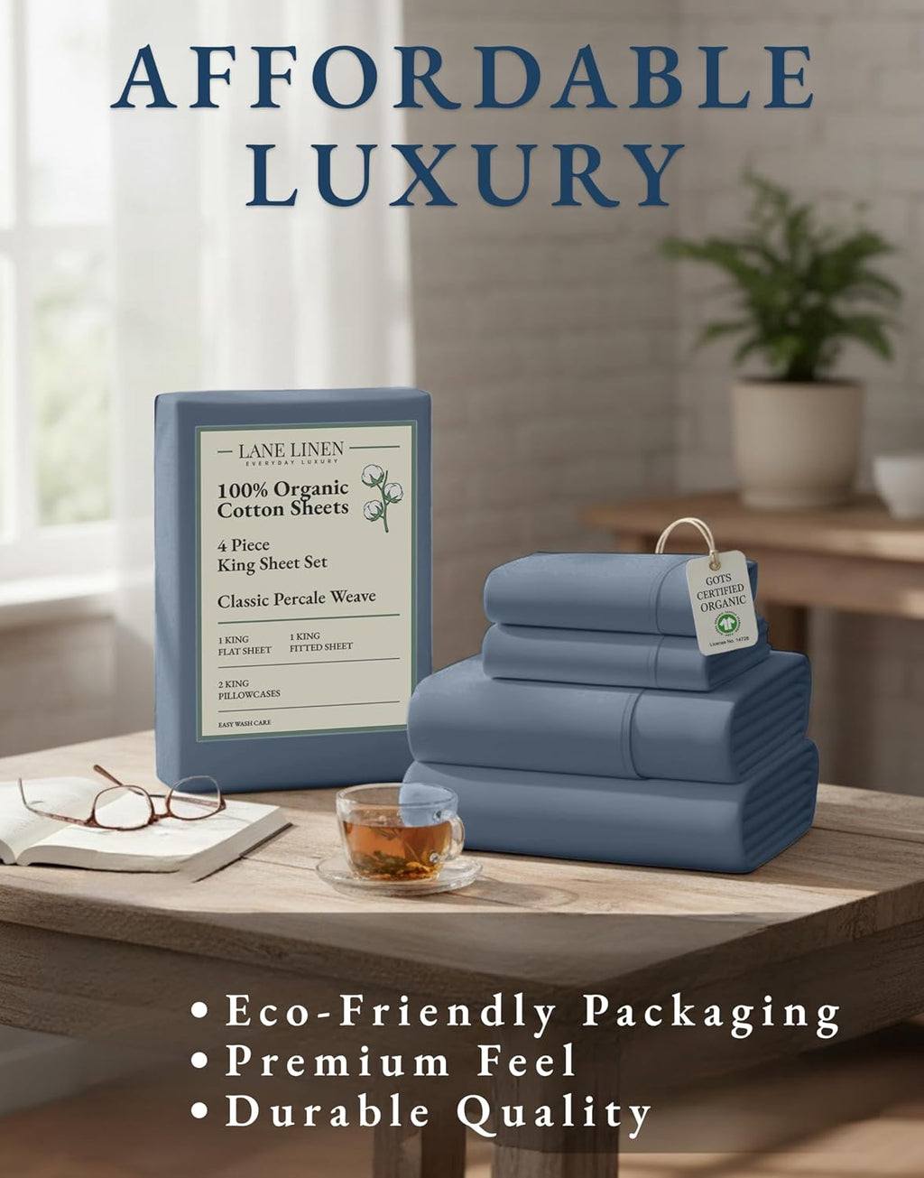 LaneLinen LANE LINEN 100% Organic Cotton Sheets for King Size Bed - Soft Percale Sheets, Breathable Luxury Hotel Style Machine Washable Ful…