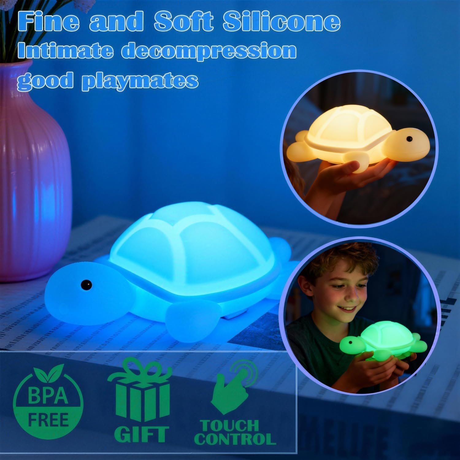 Posshe Turtle Night Light, Sea Turtle Gifts, Cute Soft Silicone Squishy LED Lamp with 7 RGB Colors, Dimmable, Timer, Touch Control, Kids'…