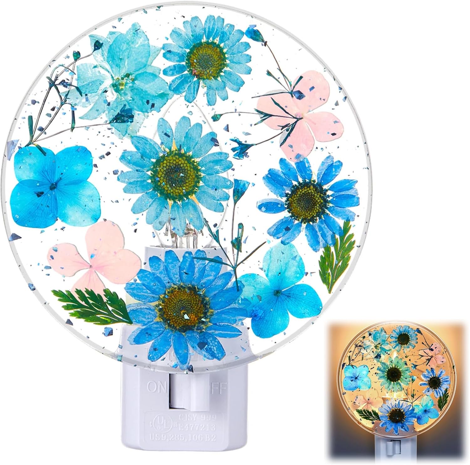 Glooglitter Pressed Flower Night Light Plug in - Handmade Dried Floral Wall Night Light, Soft Glow Decorative Nightlight for Hallway Bedroo…