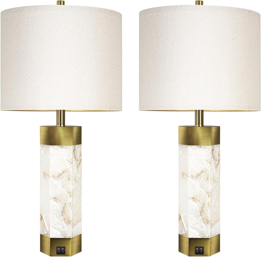Natural Alabaster Table Lamps Set of 2, Table Lamp with Night Light for Living Room, Nightstand Lamp with USB Ports, Bedside Lamp with Linen…