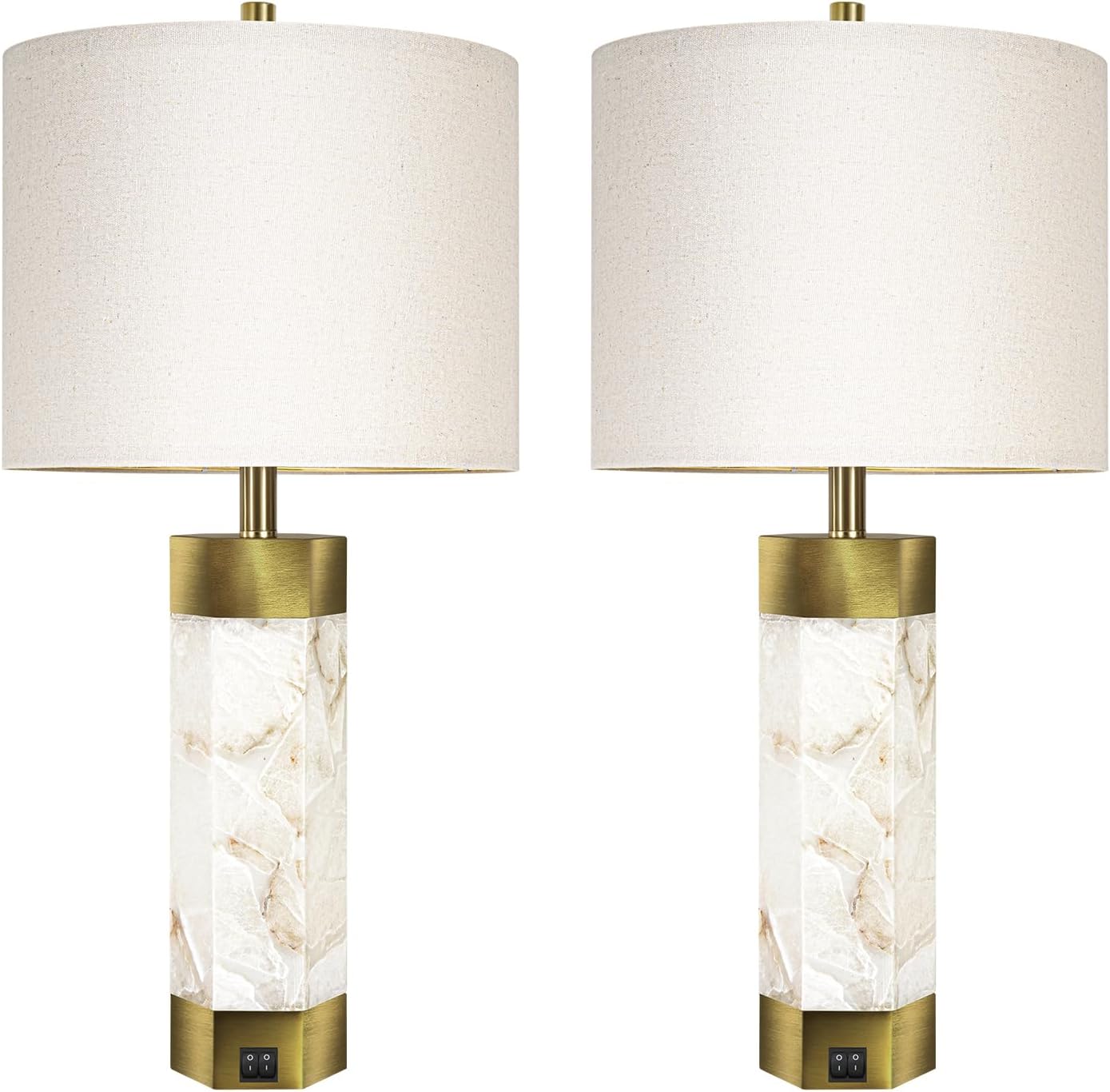 Natural Alabaster Table Lamps Set of 2, Table Lamp with Night Light for Living Room, Nightstand Lamp with USB Ports, Bedside Lamp with Linen…