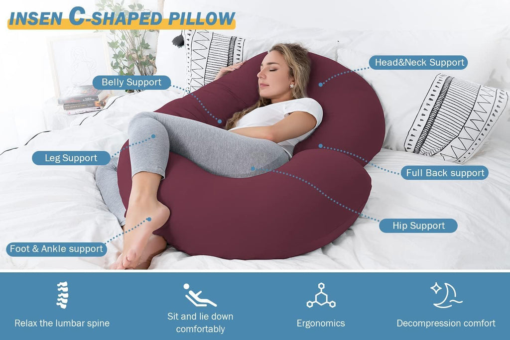 INSEN Pregnancy Pillow, Maternity Body Pillow with Velvet Cover, C Shaped for Side Sleeping, Dark Purple
