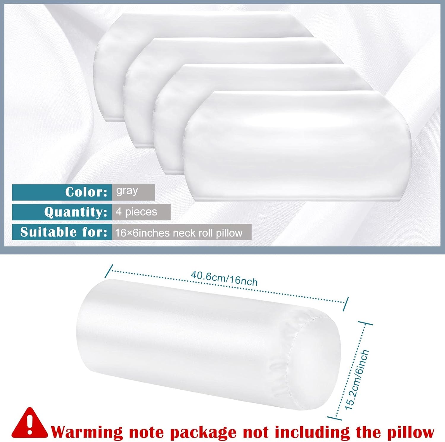 Remerry 4 Pack 16 x 6 Inches White Neck Roll Pillow Case Cover Only Round Bolster Cervical Roll Satin Cylinder Pillow Case Cover with Zippe…