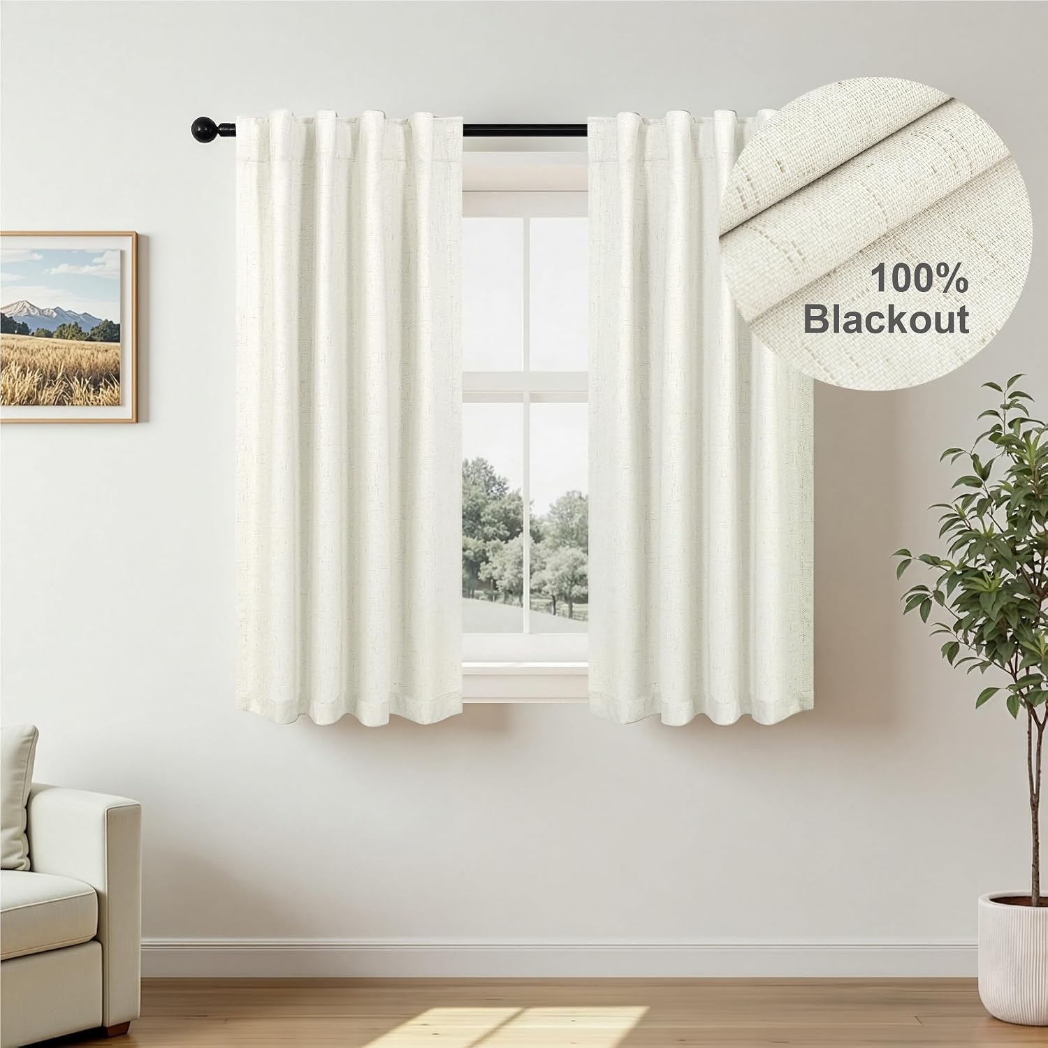 Pitalk 100% Blackout Short Linen Curtains for Cafe 40 Inch Length 2 Panels Half French Door Curtains for Window Privacy Small Curtain for F…