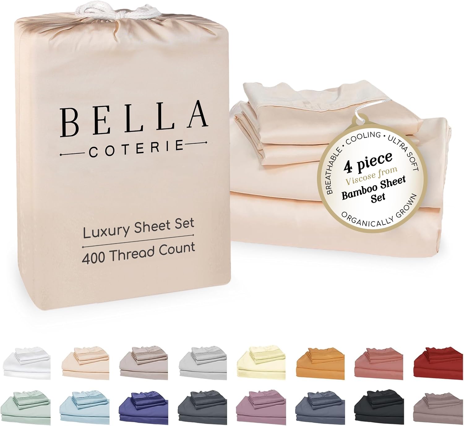 Bella Coterie Luxury Bamboo Viscose Queen Size Sheet Set | 100% Organically Grown | Ultra Soft | Cooling for Hot Sleepers | 18" Deep…