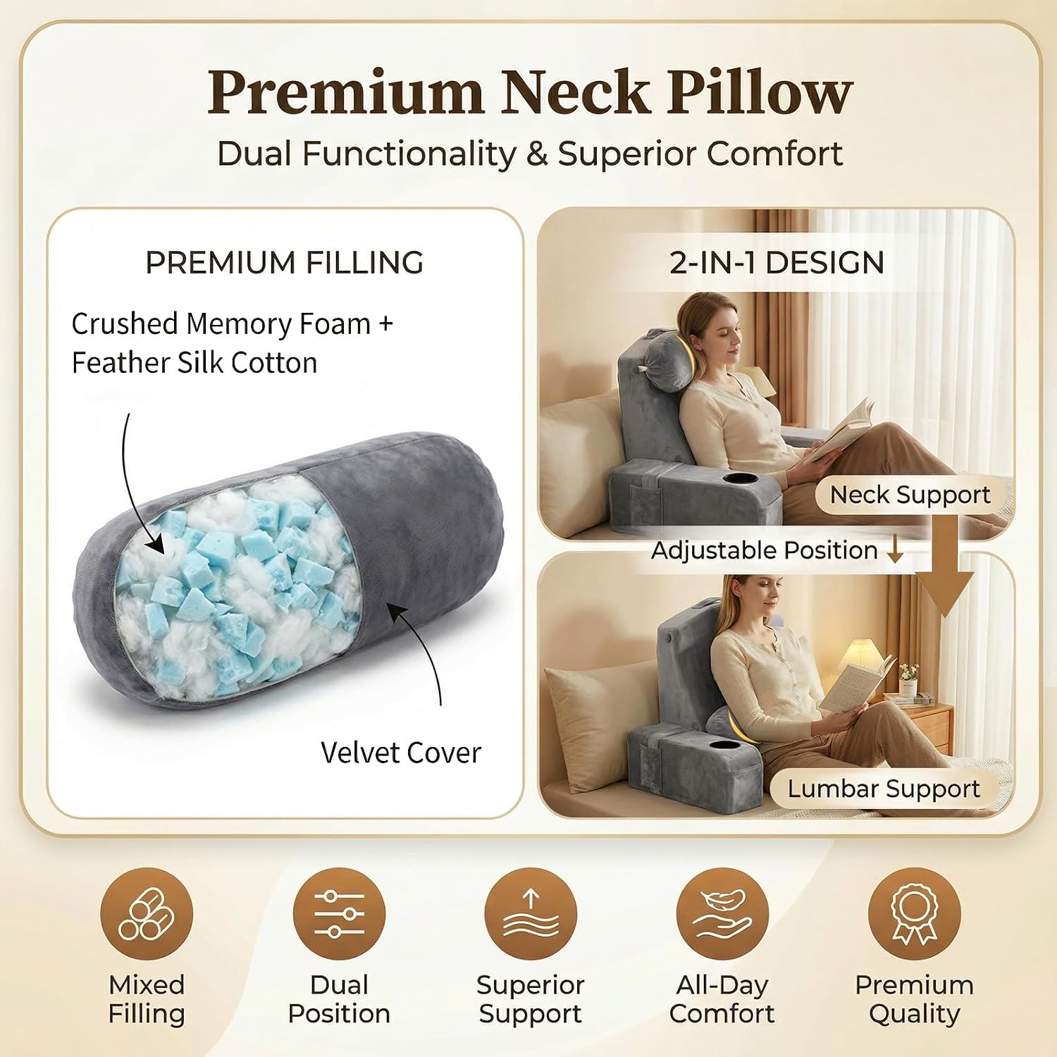 Asawesling 21 INCH Reading Pillow for Adults, Back Pillow for Bed Sitting Up, Backrest Pillow for Sitting in Bed, Detachable Arms with Buil…