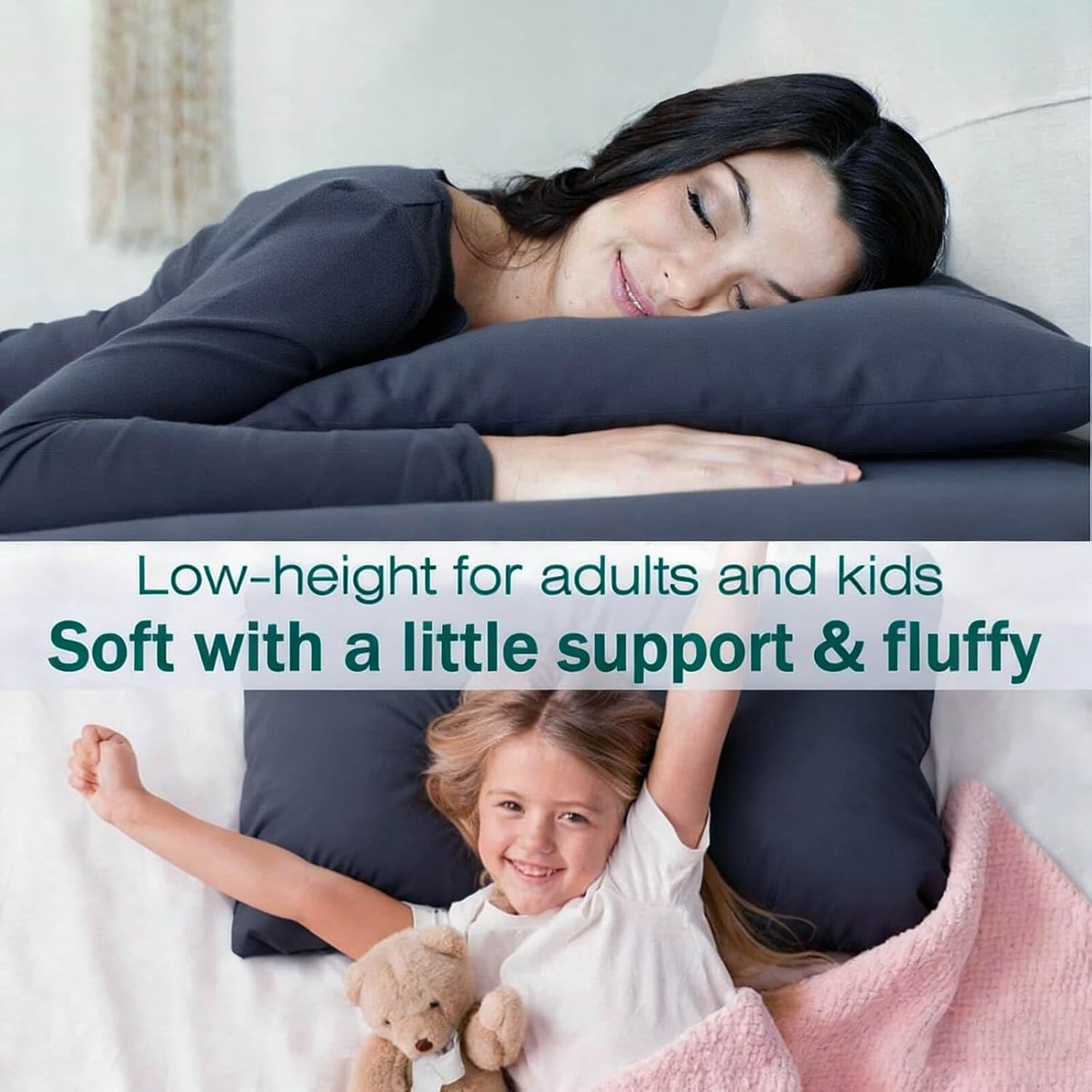 Flat Ultra Thin Bed Pillows Standard/Queen Size Pillow Set of 2 Extra Soft Down Alternative for Stomach Back Sleeper Dark Blue