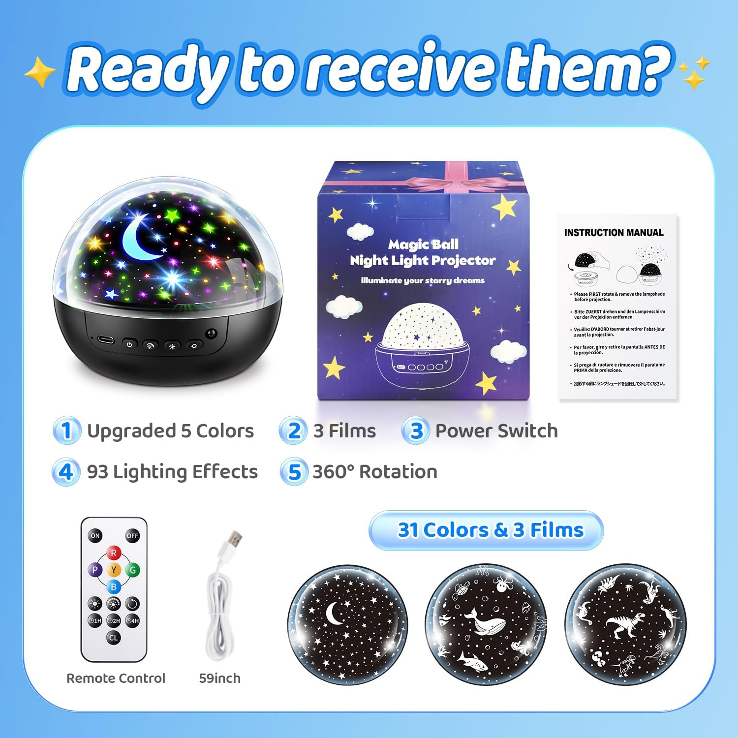 COOLNIGHT Night Light for Kids,93 Lighting+3 Films Kids Night Light Projector, Remote+Dimmable Star Projector,360° Ceiling Stars Glow in…