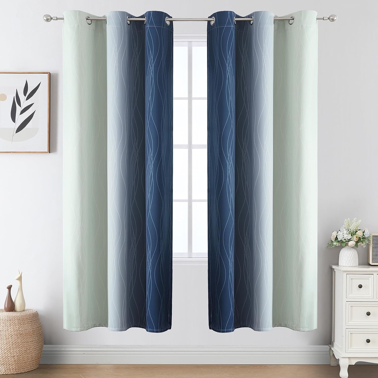 Estelartextiler Estelar Textiler Navy Blue and Sage Green Ombre Blackout Curtains 72 Inches Long 2 Panels, Full Room Darkening Grommet Curt…