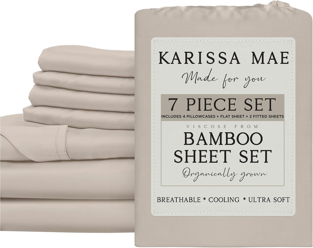 KARISSA MAE 7 Piece Pure Viscose from Bamboo Split King Size Sheet Set | 100% FSC Certified | Luxuriously Soft | Cooling | 18" Deep…
