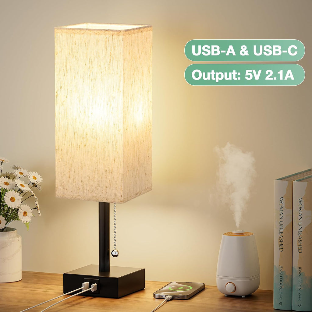 Aooshine Pull Chain Small Table Lamp - 3 Color Temperature Bedside Lamp for Bedroom with USB Port, Minimalist Nightstand Lamp with Black Ba…